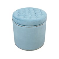 Pikowana okrągła pufa z pojemnikiem do przechowywania w kolorze pastelowo - turkusowym.