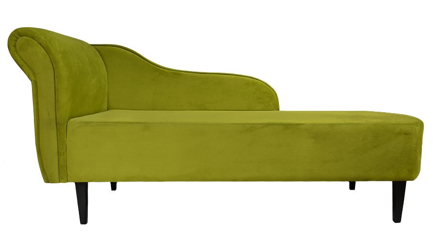 Minimalistyczny szezlong LUDWIK z prostymi, czarnymi drewnianymi nóżkami  - kolor zielony.